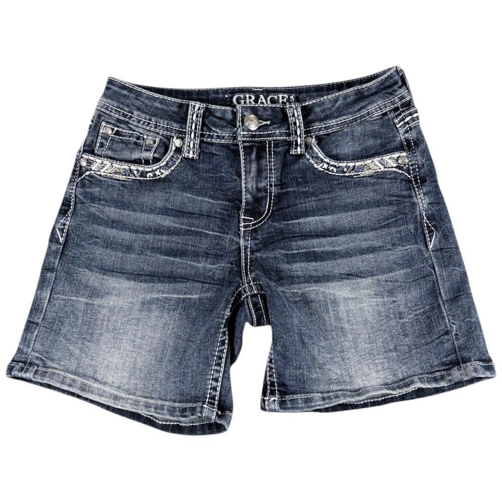 Grace in LA Denim Shorts Womens Size 25 Blue Dark Washed Y2K Distressed Midrise